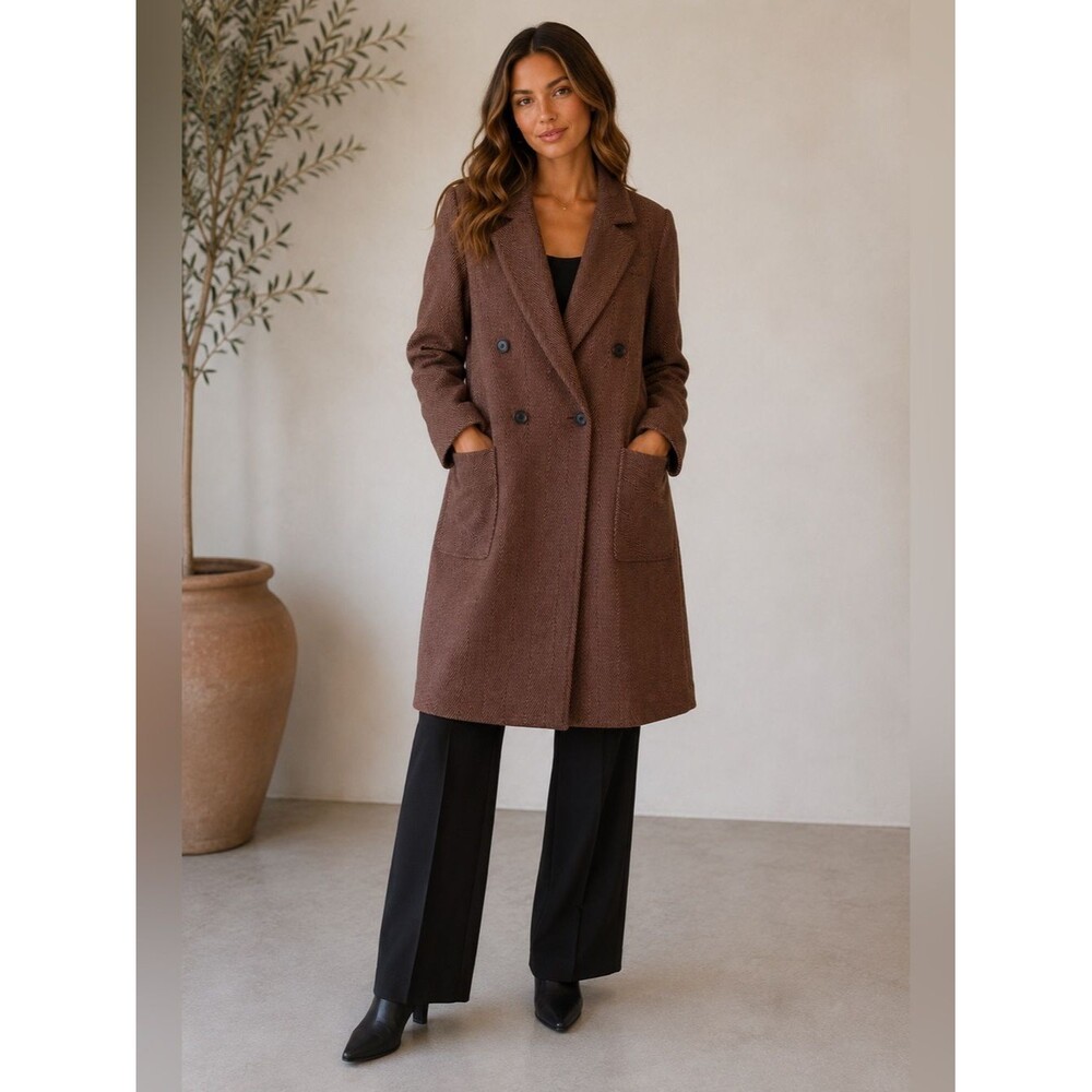 7 For All Mankind Brown Herringbone Single Button Long Pea Coat Size Large